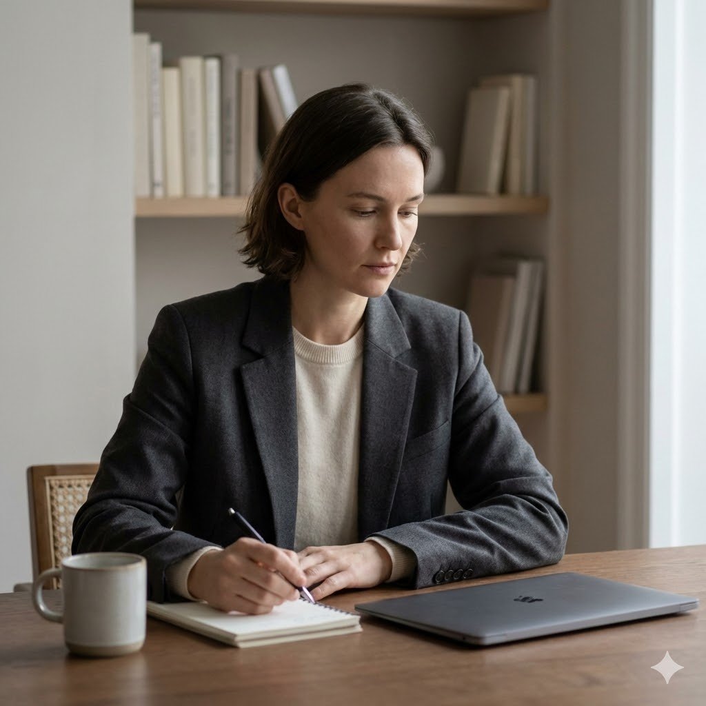 Author working at a desk, writing notes next to a laptop